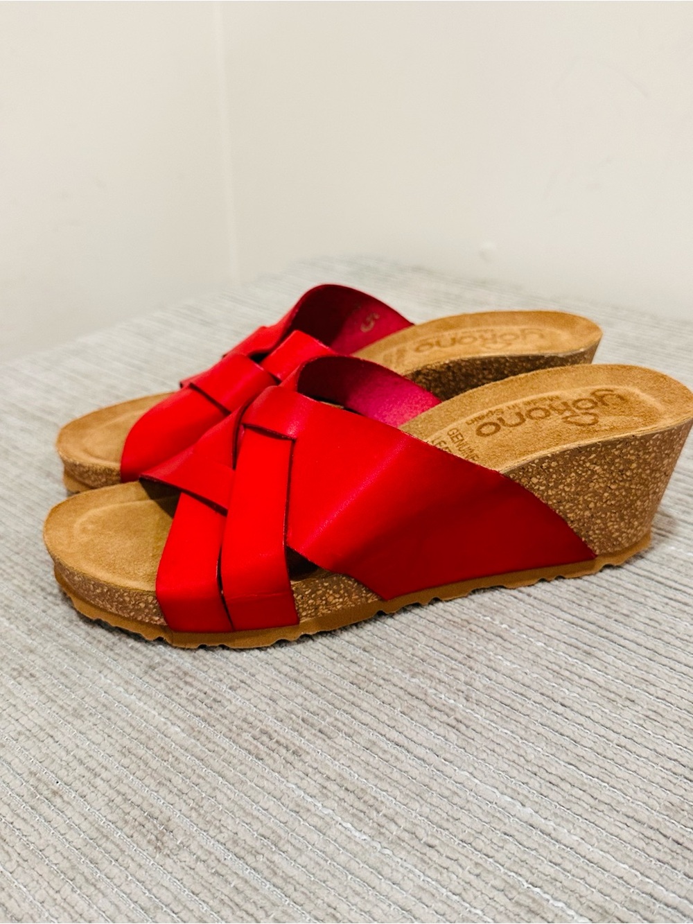 Yokono Spain Red Leather Cross Over Strap Slide Boho Cork Wedge Sandle Size 7,5